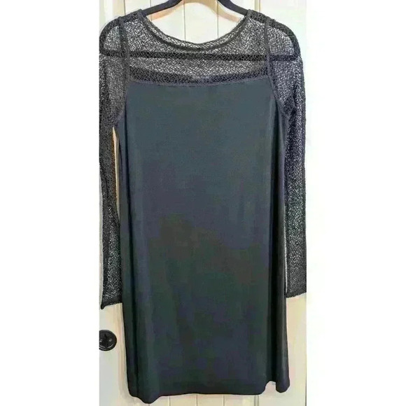 Eileen Fisher Black Midi Dress Jersey/Mesh Fishnet Size Small EUC! - Picture 5 of 14
